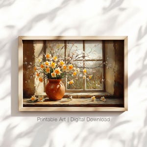 Peut inclure: Une peinture d'un vase rempli de jonquilles jaunes devant une fenêtre. Le vase est brun et la fenêtre est blanche avec une vue sur un jardin.
