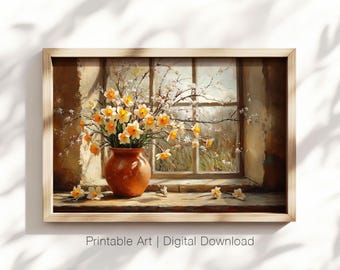 Vintage Spring Flower Art, Daffodil Printable Wall Art, Rustic Decor, Country Floral Print, Farmhouse Decor, Spring Art, Digital Download