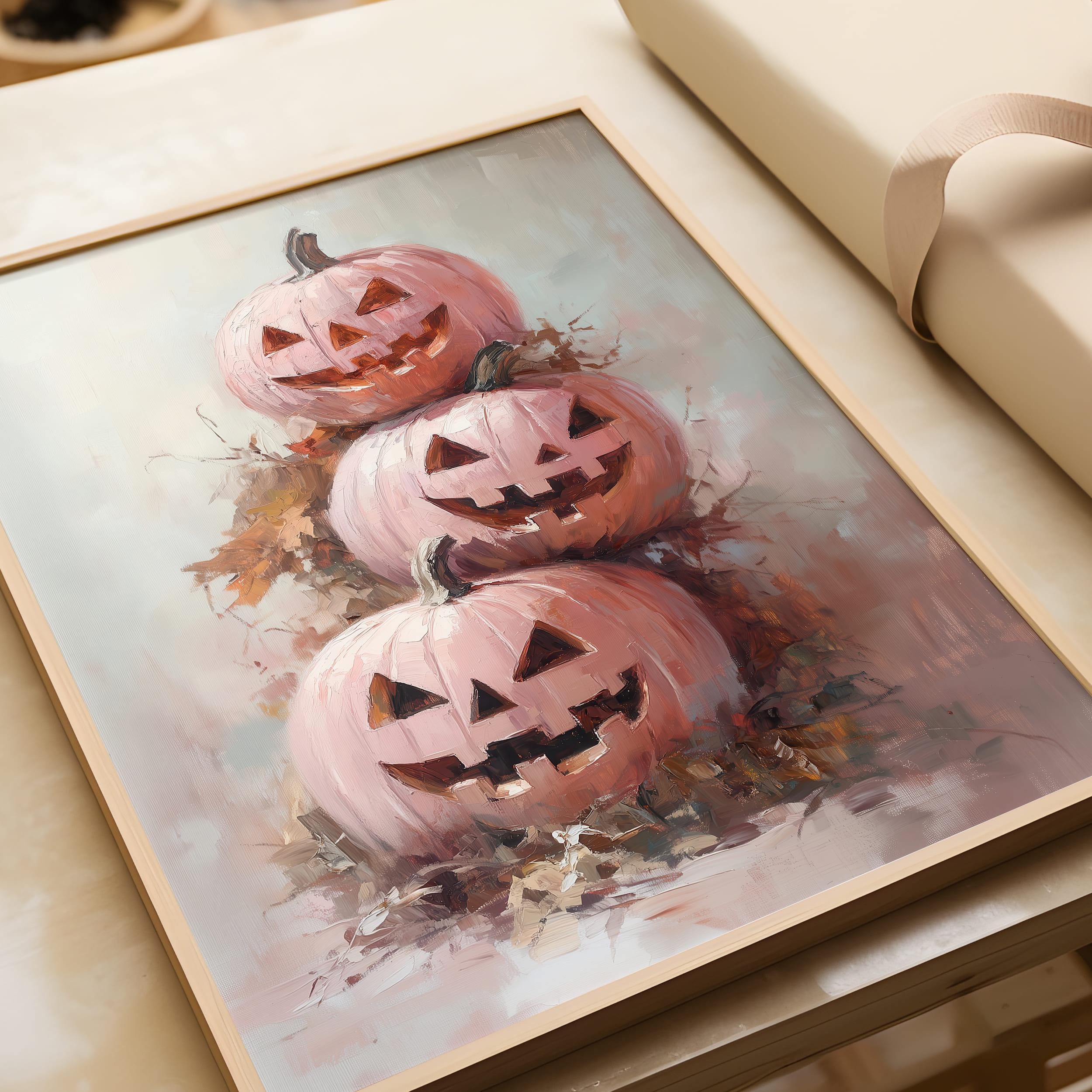 Pastel Pink Pumpkin Halloween Art Print | Cozy Fall Pumpkin Decor ...