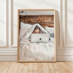 Woman in Bed Art | Feminist Relax Wall Print | Trendy Dorm Room Decor | Cozy Digital Art for Bedroom | Relaxing Work from Home Art