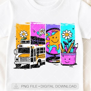 PNG "Ritorno a scuola" con bus, sublimazione di un simpatico globo di margherite, design DTF per materiale scolastico per insegnanti, download digitale di PNG per aule kawaii