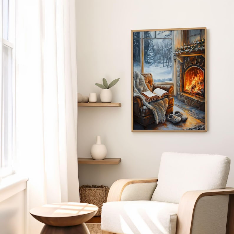 Peut inclure: Une peinture repr&eacute;sentant une sc&egrave;ne de salon confortable avec une chemin&eacute;e, une fen&ecirc;tre donnant sur un paysage enneig&eacute; et un fauteuil confortable avec un livre et des pantoufles. La chemin&eacute;e est allum&eacute;e et la pi&egrave;ce est baign&eacute;e d'une lumi&egrave;re chaude.