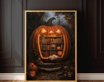 Impresión artística de Halloween de la Biblioteca de Calabazas / Decoración espeluznante para amantes de los libros / Arte mural digital de estantería otoñal / Obra de arte acogedora para la lectura otoñal