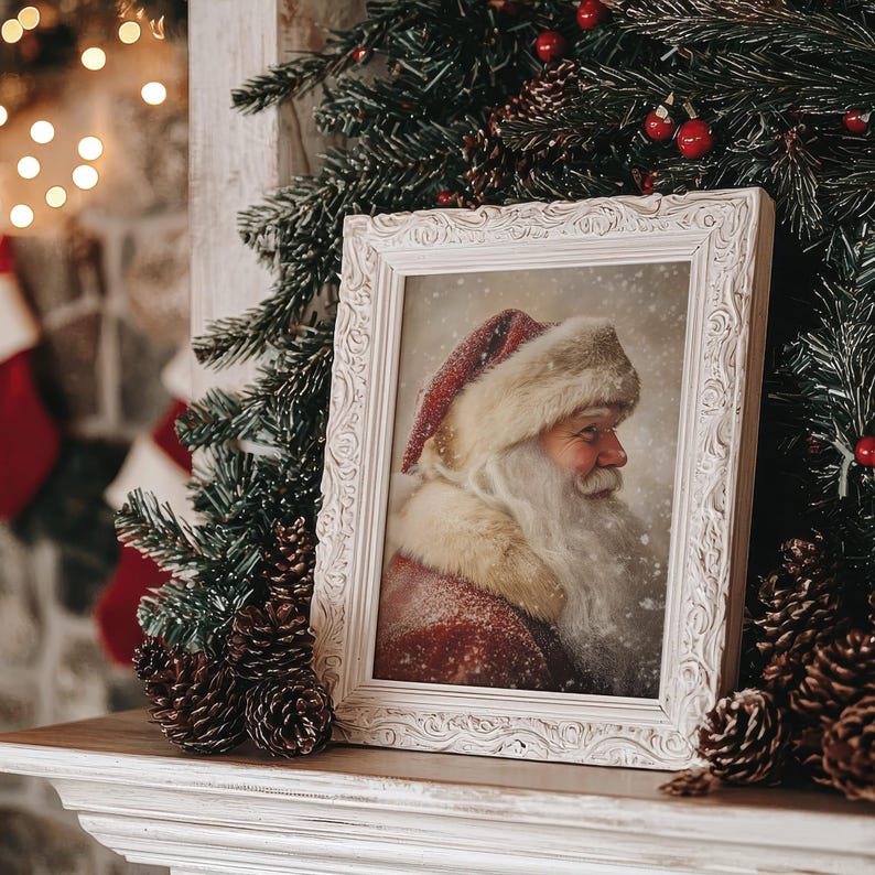 Peut inclure: Une image encadr&eacute;e en blanc de P&egrave;re No&euml;l avec un chapeau rouge et blanc et une barbe blanche. L'image est pos&eacute;e sur une chemin&eacute;e blanche avec des branches de pin et des pommes de pin.