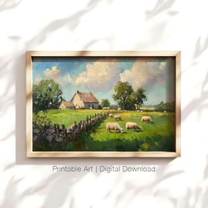 Pastoral Sheep Farm Art, Countryside Landscape Print, Farmhouse Rustic Decor, Vintage Country Home Art, Cottagecore Print, Digital Download