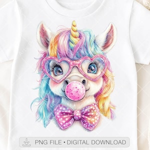 Süßes Einhorn PNG, Bubblegum Einhorn mit Herz Brille, Sublimations DTF Design, Pastell Kawaii Einhorn Kunst, digitaler Download