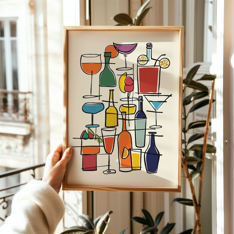 May include: A framed illustration of a variety of colorful cocktails and drinks, including glasses, bottles, and mixers. The illustration is done in a modern, abstract style with bold lines and bright colors.