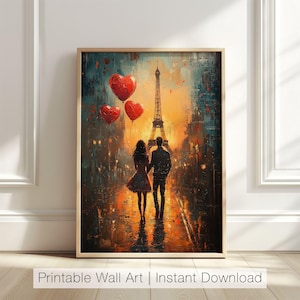 Romantic Paris Wall Art, Eiffel Tower Couple Print, Valentine Love Artwork, Digital Romantic Art, Parisian Love Decor, Digital Download