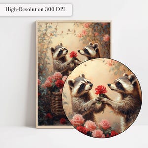 May include: Two raccoons with black masks and bushy tails are holding red roses and looking at each other. They are surrounded by pink and white roses and green leaves. The image is a painting.