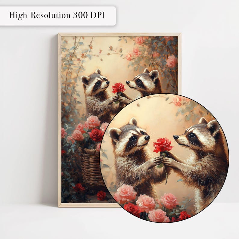 May include: Two raccoons with black masks and bushy tails are holding red roses and looking at each other. They are surrounded by pink and white roses and green leaves. The image is a painting.