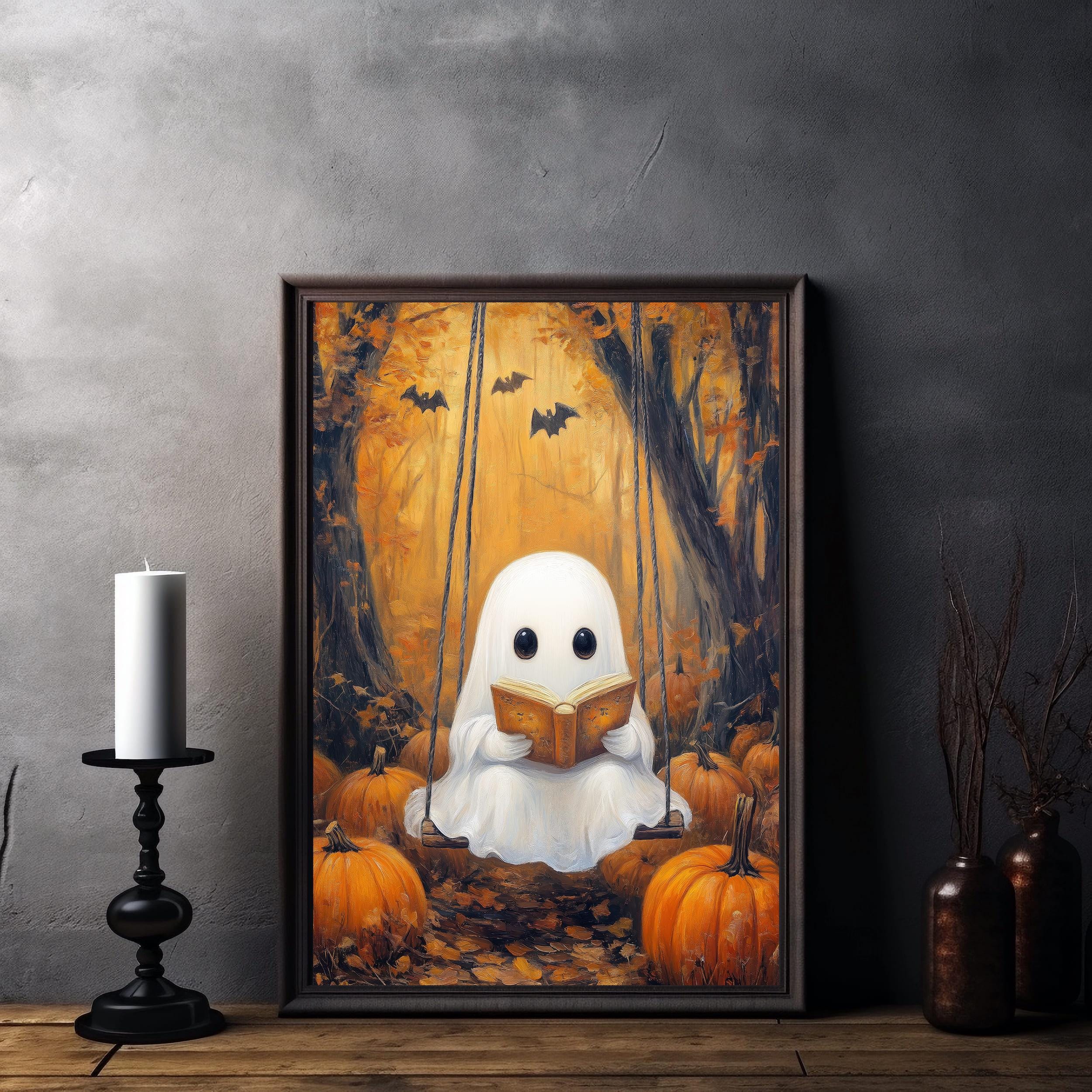Cute Ghost Reading Art Print | Halloween Book Lover Decor | Spooky ...