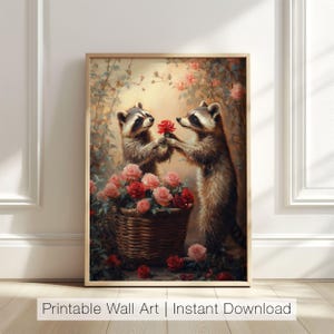 May include: Two raccoons in a romantic setting, one presenting a red rose to the other. They are surrounded by pink and red roses in a wicker basket. The background is a soft, blurred image of a garden with vines and leaves.