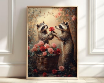 Romantic Cute Raccoon Wall Art, Rose Bouquet Printable, Animal Couple Art, Valentine Animal Print, Romantic Wall Decor, Digital Download