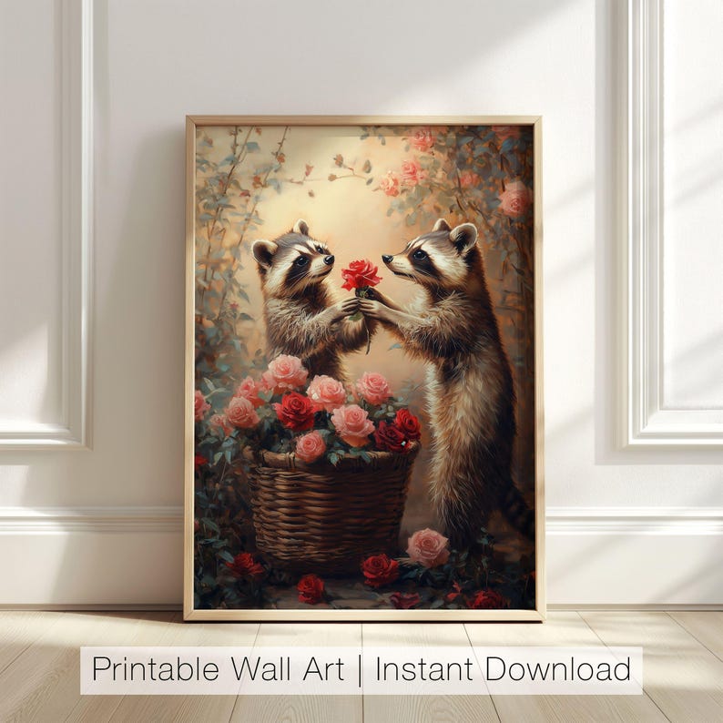 May include: Two raccoons in a romantic setting, one presenting a red rose to the other. They are surrounded by pink and red roses in a wicker basket. The background is a soft, blurred image of a garden with vines and leaves.