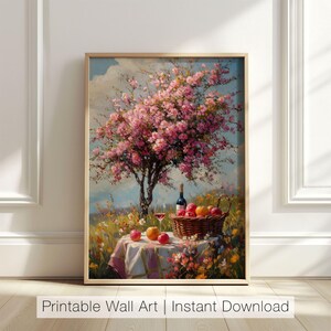 Spring Picnic Art Print, Blooming Tree Wall Art, Countryside Decor, Picnic Scene Art, Nature Artwork, Pink Spring Art, Digital Download