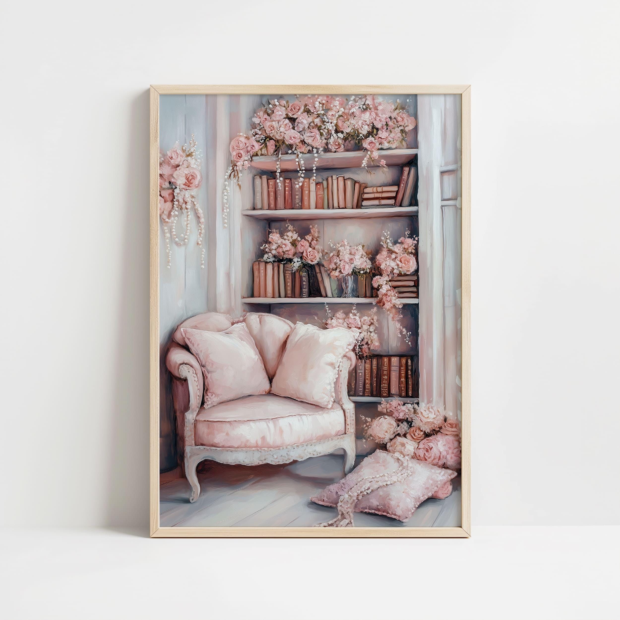 Vintage Bookshelf Wall Art | Shabby Chic Book Nook Print | Cozy Book ...