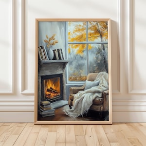 Cozy Autumn Fireplace Art Print | Book Lover Wall Decor | Warm Fall Reading Nook | Bookish Digital Wall Art