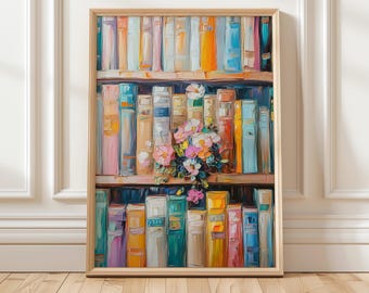 Buntes Bücherregal Kunstdruck | Blumenbibliothek Dekor | Lebendige Buchliebhabers Wandkunst | Moderne Digitale Lese Dekor