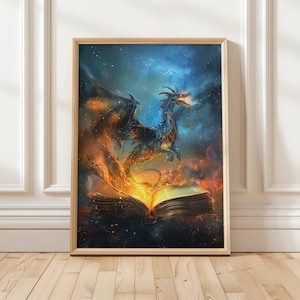 Fiery Dragon Fantasy Art Print | Magical Book Lover&#39;s Decor | Enchanting Digital Wall Art