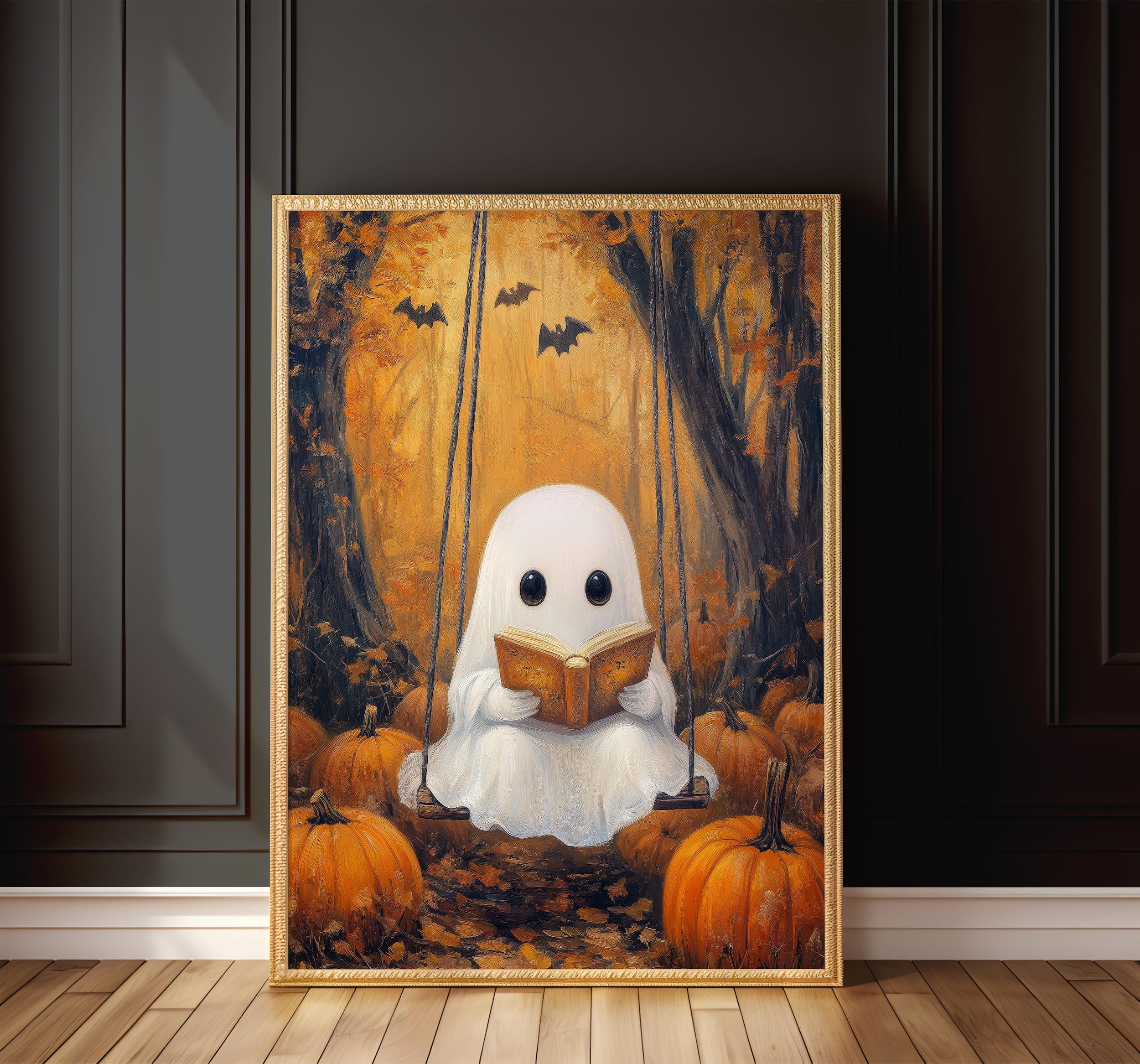 Cute Ghost Reading Art Print | Halloween Book Lover Decor | Spooky ...