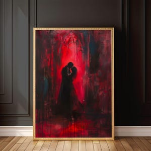 Stampa artistica di coppia romantica gotica / Arte da parete della passione oscura / Amanti della silhouette in rosso / Arredamento romantico gotico / Arte della parete digitale drammatica