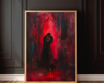 Gothic Romantic Couple Art Print | Dark Passion Wall Art | Silhouette Lovers in Red | Gothic Romance Decor | Dramatic Digital Wall Art