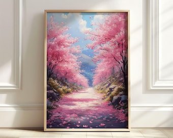 Cherry Blossom Wall Art, Pink Sakura Landscape Printable, Japanese Garden Print, Romantic Nature Art, Spring Flower Decor, Digital Download
