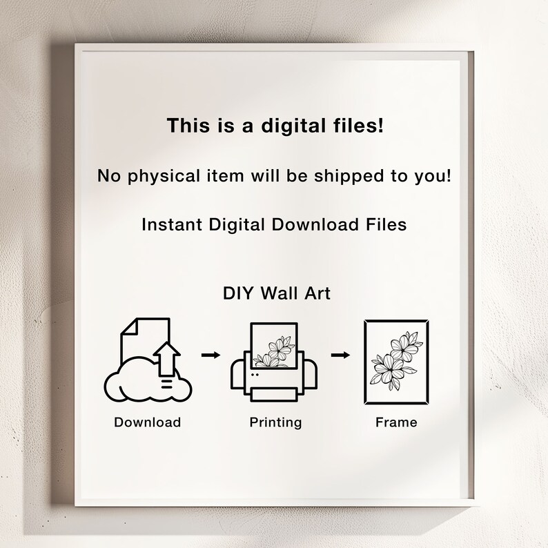 May include: A digital download file for DIY wall art. The image shows a black and white illustration of a flower in a frame. The text on the image reads "This is a digital files! No physical item will be shipped to you! Instant Digital Download Files DIY Wall Art Download Printing Frame"