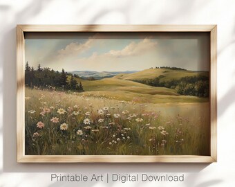 Wildflower Meadow Art, Countryside Print, Landscape Printable, Rustic Decor, Farmhouse Wall Decor, Nature Art, Wildflower Digital Download