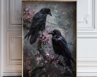 Victorian Gothic Raven Art Print | Dark Floral Art | Two Ravens on Branch | Victorian Gothic Wall Decor | Digital Download