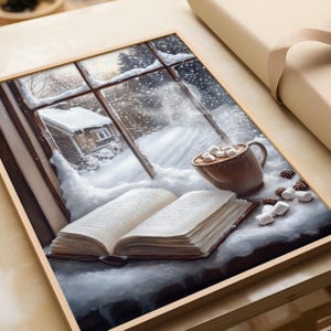 May include: A cozy winter scene with a book, a mug of hot chocolate with marshmallows, and a snowy view outside a window.