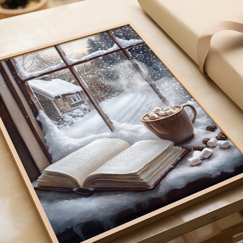 May include: A cozy winter scene with a book, a mug of hot chocolate with marshmallows, and a snowy view outside a window.