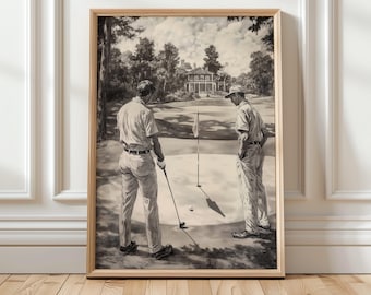 Puede incluir: Una ilustración en blanco y negro de dos golfistas en un green. El golfista en primer plano sostiene un palo de golf y está a punto de golpear la bola. El golfista en el fondo está observando al golfista en primer plano.