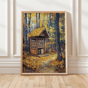 Gemütliche Herbst-Buchecke Kunstdruck | Waldbibliothek Dekor | Herbst lesen Digitale Wandkunst | Buch-Liebhaber Wald Rückzug