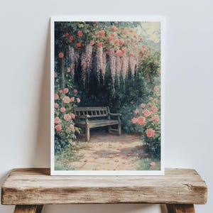 May include: A vintage illustration of a wooden bench in a garden setting. The bench is surrounded by pink roses and a trellis covered in purple wisteria.