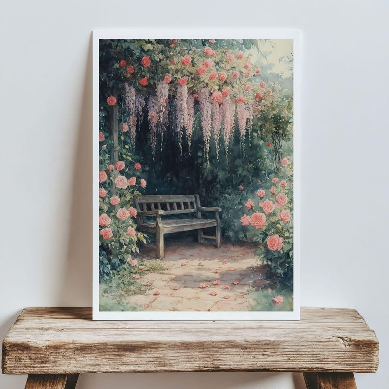 May include: A vintage illustration of a wooden bench in a garden setting. The bench is surrounded by pink roses and a trellis covered in purple wisteria.