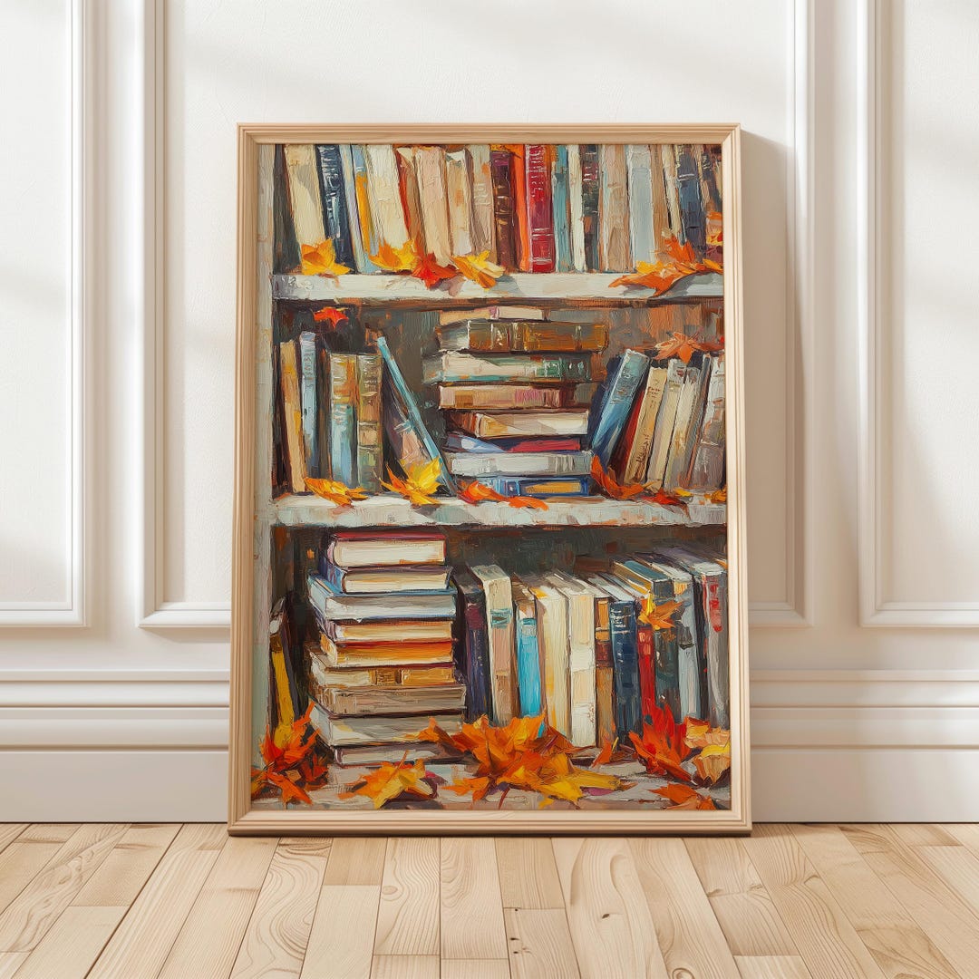 Autumn Bookshelf Art Print | Cozy Fall Library Decor | Vintage Book ...