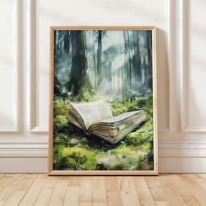 May include: A watercolor painting of a forest scene with a large open book lying on the ground. The book is surrounded by green moss and the forest is filled with sunlight.