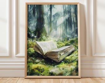 Forest Fantasy Book Art Print | Magical Book Lover Wall Decor | Enchanted Woodland Digital Art | Mystical Library Decor