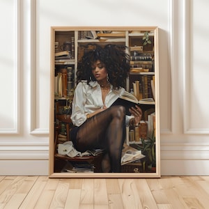 Black Woman Reading Art Print | Digital Wall Art | African American Library Decor | Black Girl with Book | Book Lover Wall Art