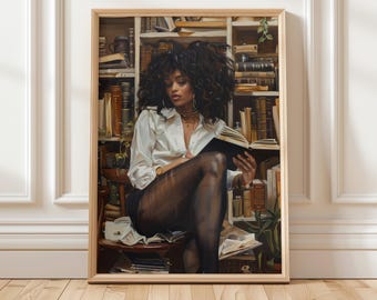 Black Woman Reading Art Print | Digital Wall Art | African American Library Decor | Black Girl with Book | Book Lover Wall Art