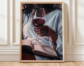 Black Woman Reading with Wine Art Print | Book Lover Wall Decor | Cozy Bookish Digital Art | Wine and Book Printable for Home