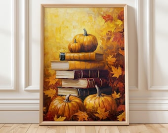Fall Book Lover Art Print | Cozy Pumpkin Library Decor | Autumn Bookish Wall Art | Digital Reading Nook Print