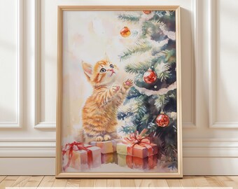 Christmas Kitten Wall Art, Cat and Christmas Tree Printable, Cute Holiday Decor, Christmas Cat Art, Xmas Poster, Christmas Kitten Print