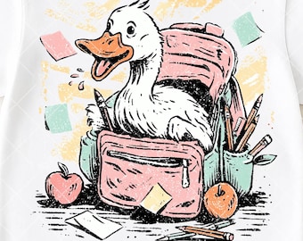 Lustige Gans PNG, Back to School Ente mit Rucksack, süße Gans PNG für Shirt, erster Schultag Sublimation, digitaler Download