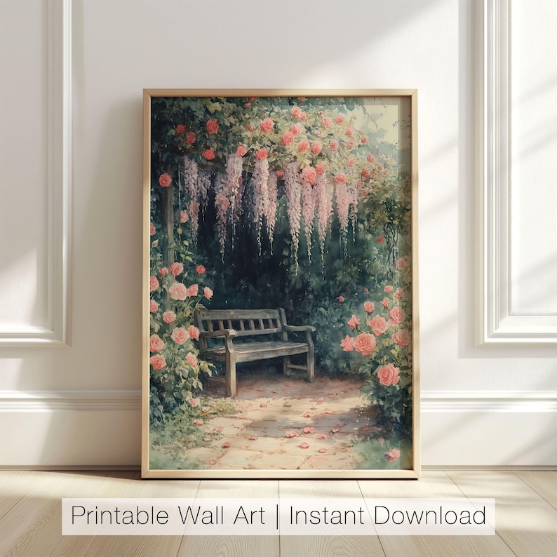 May include: A vintage-style illustration of a wooden bench under a trellis covered in pink roses and purple wisteria flowers. The bench is in a garden setting with a stone path leading away from it.