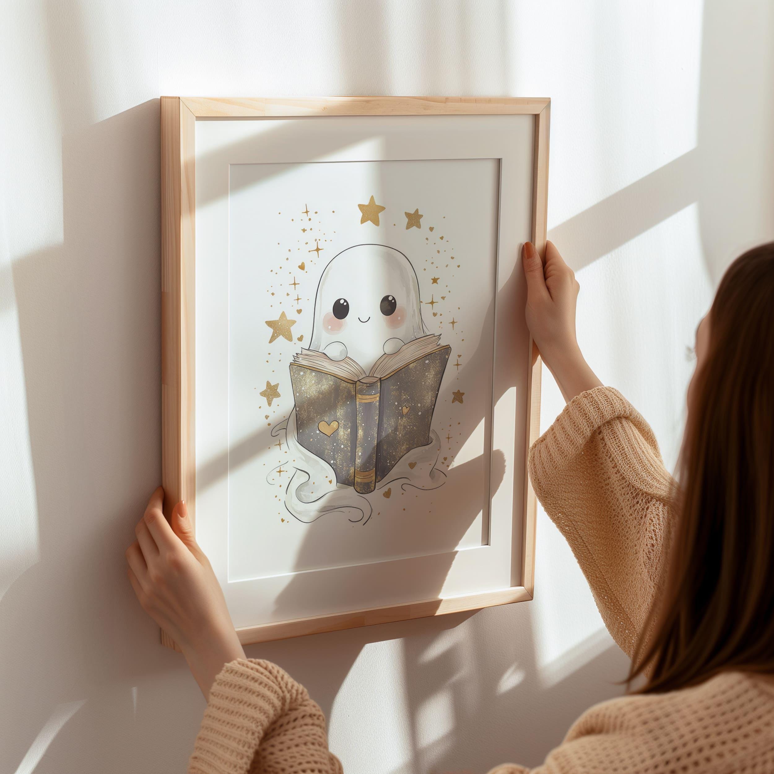 Cute Ghost Reading Book Art Print | Halloween Wall Art | Adorable Book ...