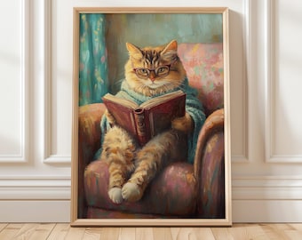 Fantazyjny wydruk artystyczny z czytającym kotem | Przytulny wystrój dla miłośników książek | Uroczy cyfrowy obraz ścienny z kotem | Wystrój biblioteki