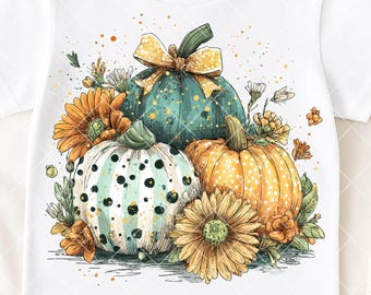 Fall Pumpkin PNG Sublimation, Teal Orange Pumpkin DTF Design, Bow Pumpkin Png, Autumn Floral Pumpkin, Thanksgiving Shirt Design