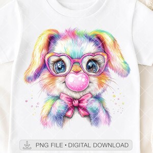 かわいいレインボーバブルバニーPNG、面白いかわいい動物デザイン、DTFおよび昇華ファイル、メガネとリボンをつけた漫画のウサギ、即時ダウンロード